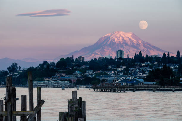 Tacoma waterfront at sunset with Mt. Rainier in the background — Olympic Exchange Accommodators home city